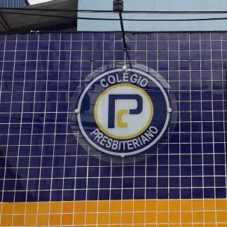 Placa Vidro Infantil Escola Colegio Presbiteriano Bela Vista Cocaia Ensino Brasao Redonda Circulo Azul Guarulhos SP