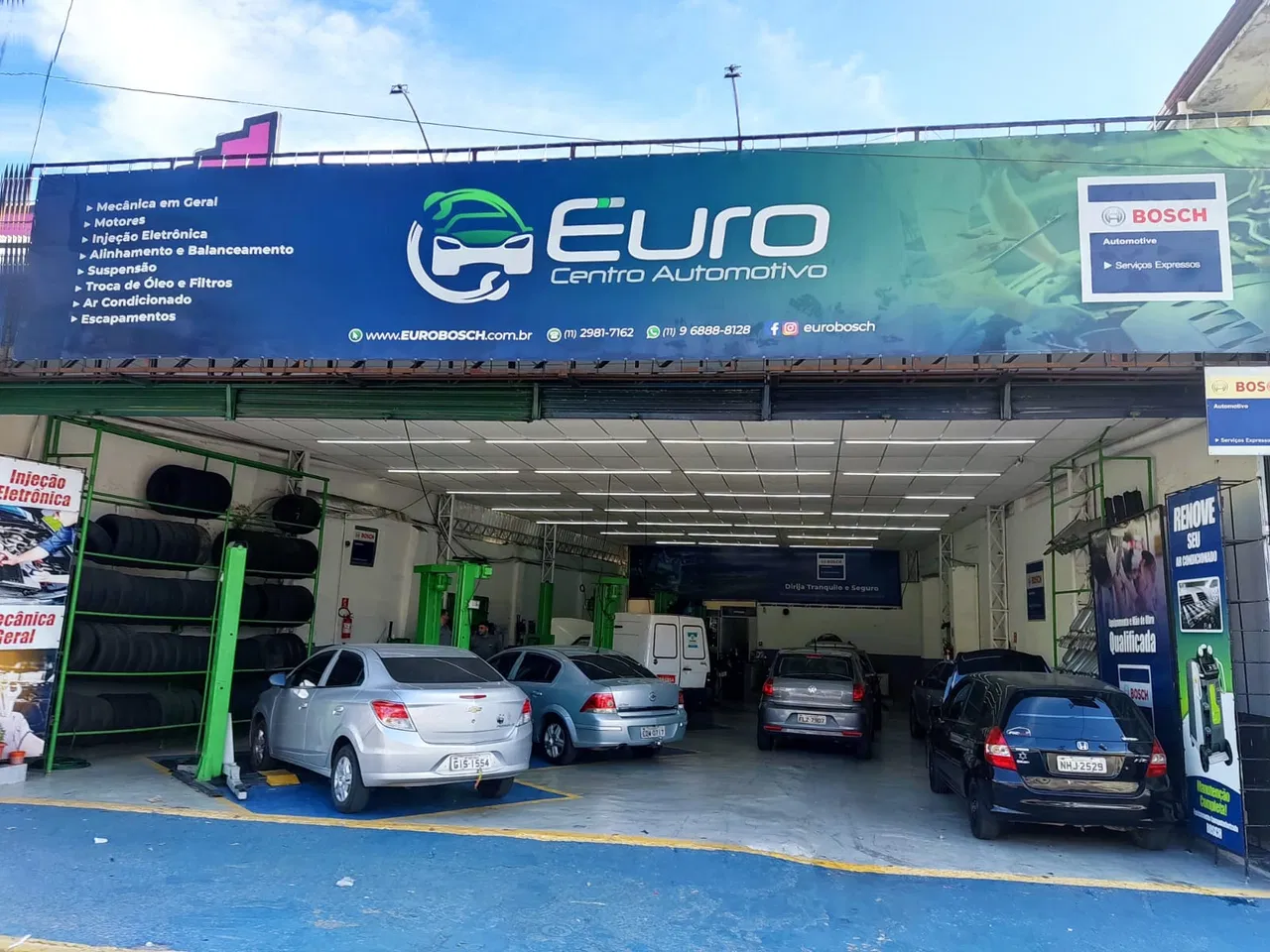 Lona Oficina Mecânica Fachada Automotivo Auto Center Euro Azul Centro