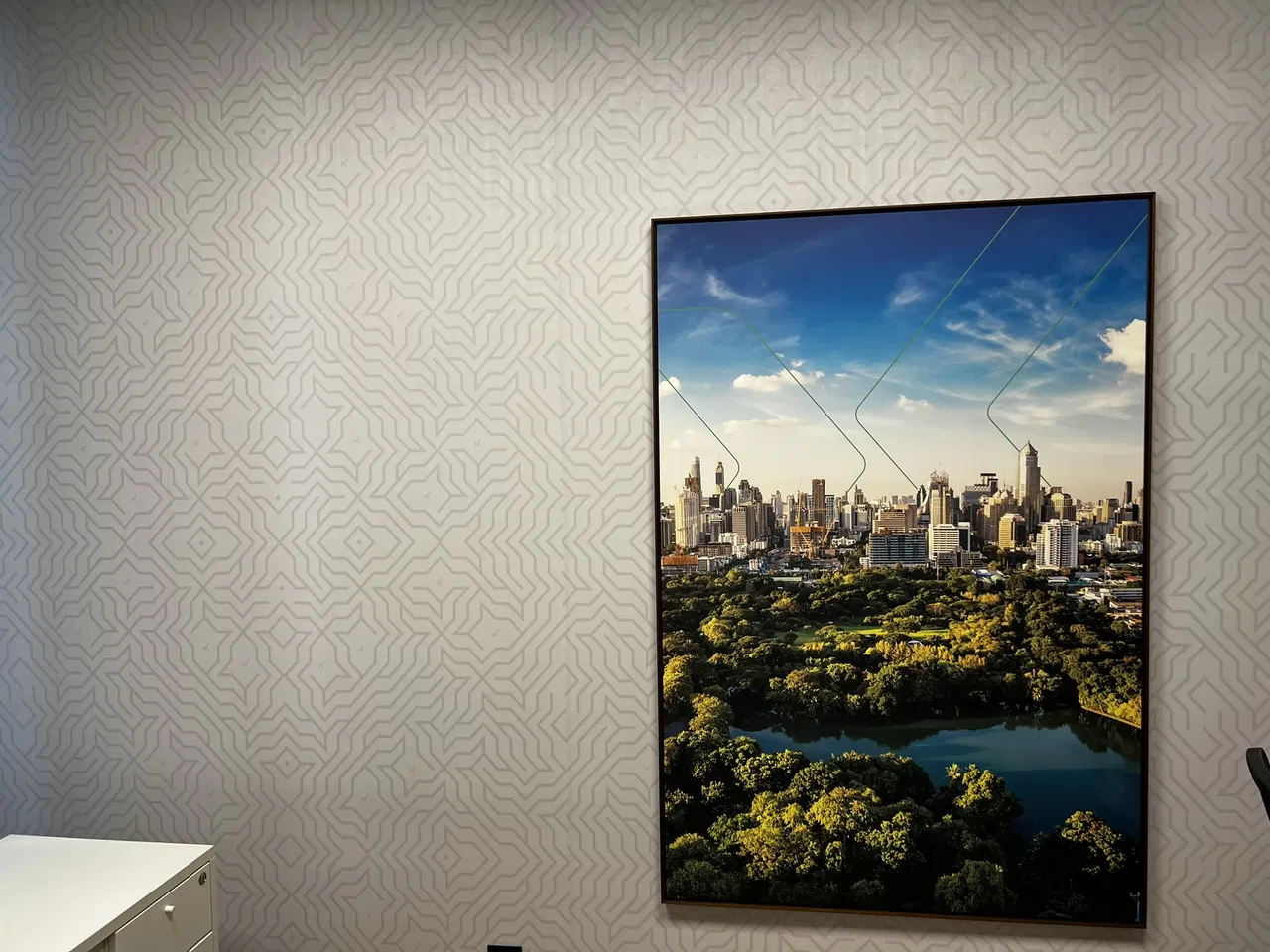 Tecido Canva Zona Sul SP Morumbi Escritório Cidade Impressão Azul Verde Quadro Parede Texturizado Telecom Salas UV Fiber Adesivo