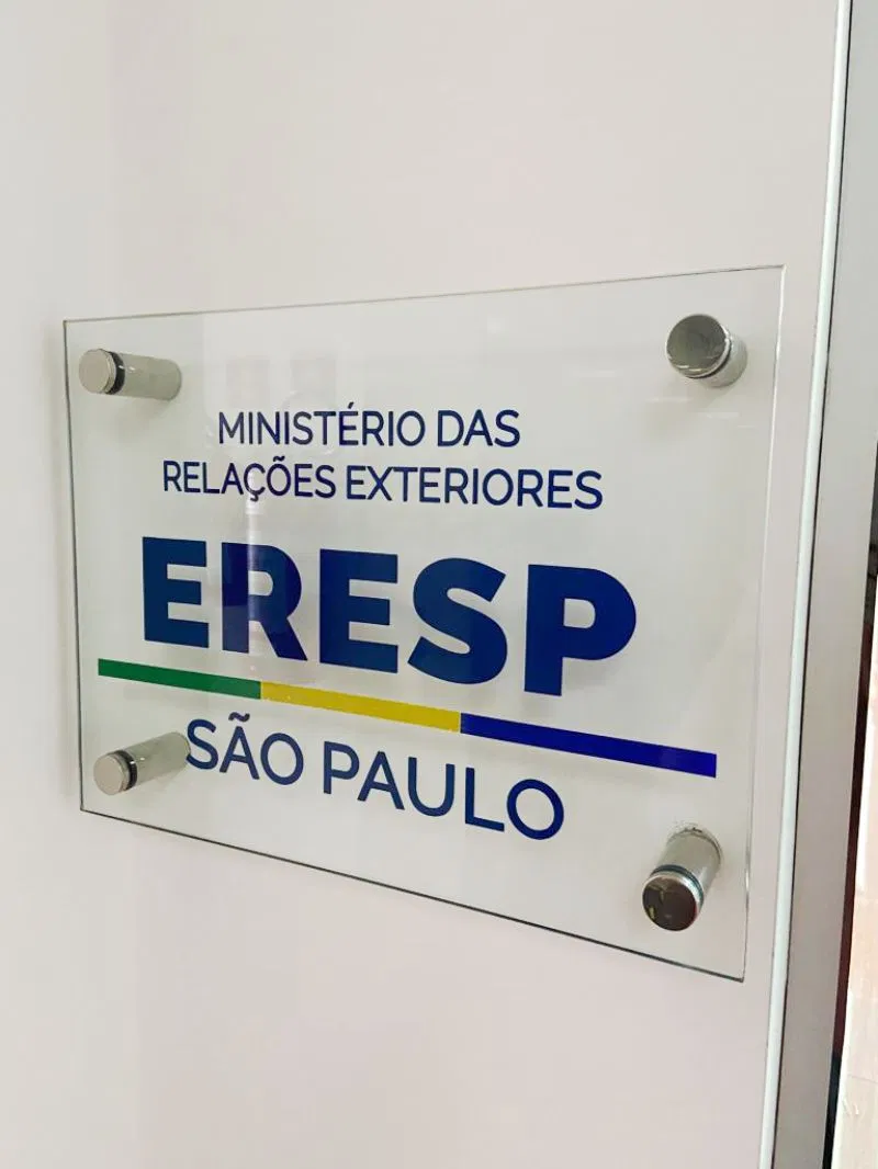 Targhetta adesiva per esterni, ufficio, vetro, San Paolo, sala del Ministero degli Affari Esteri, blu, sagomata, Faria Lima, Pinheiros