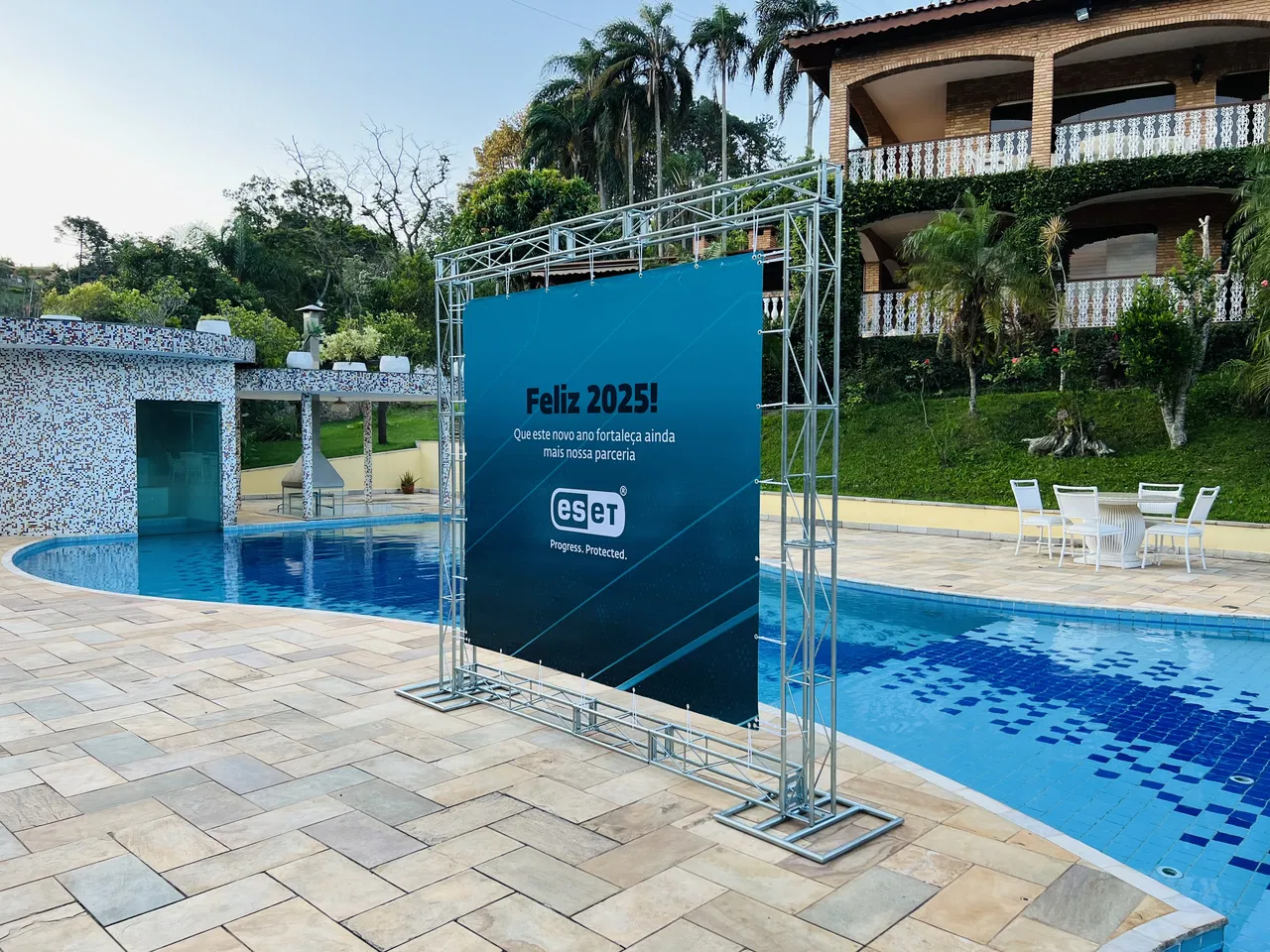 Backdrop Evento Atibaia Eset Confraternização SP Azul Boxtruss