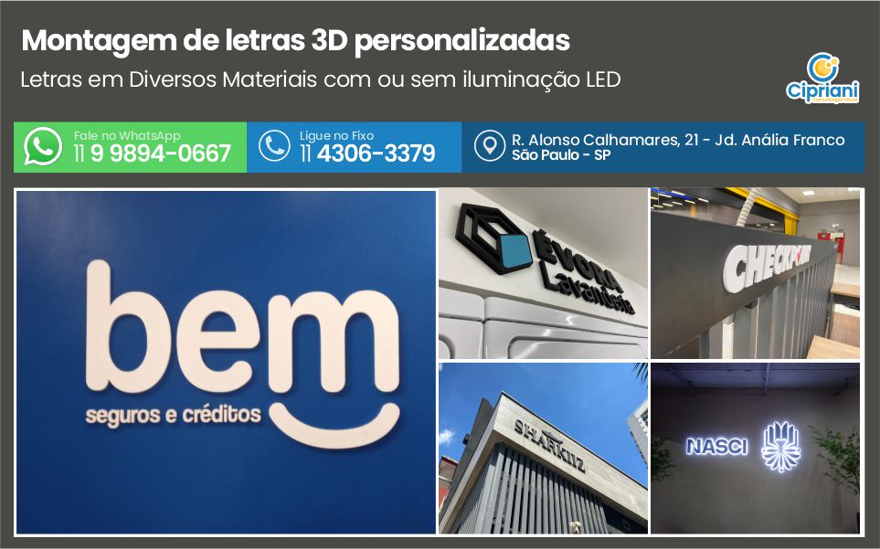 Montagem de letras 3D personalizadas | Cipriani Comunicação Visual em São Paulo SP