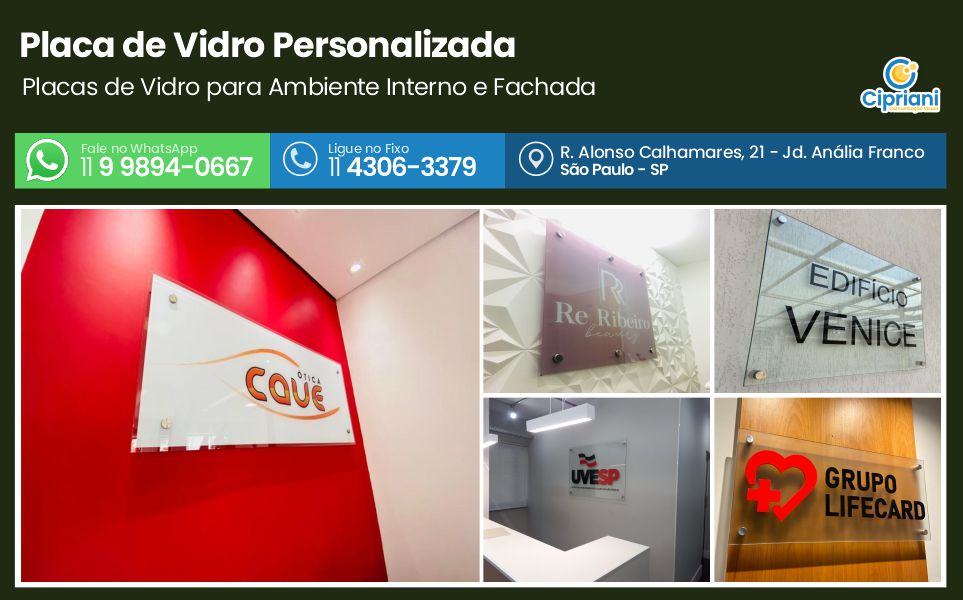 Placa de Vidro Personalizada  | Cipriani Comunicação Visual em São Paulo SP